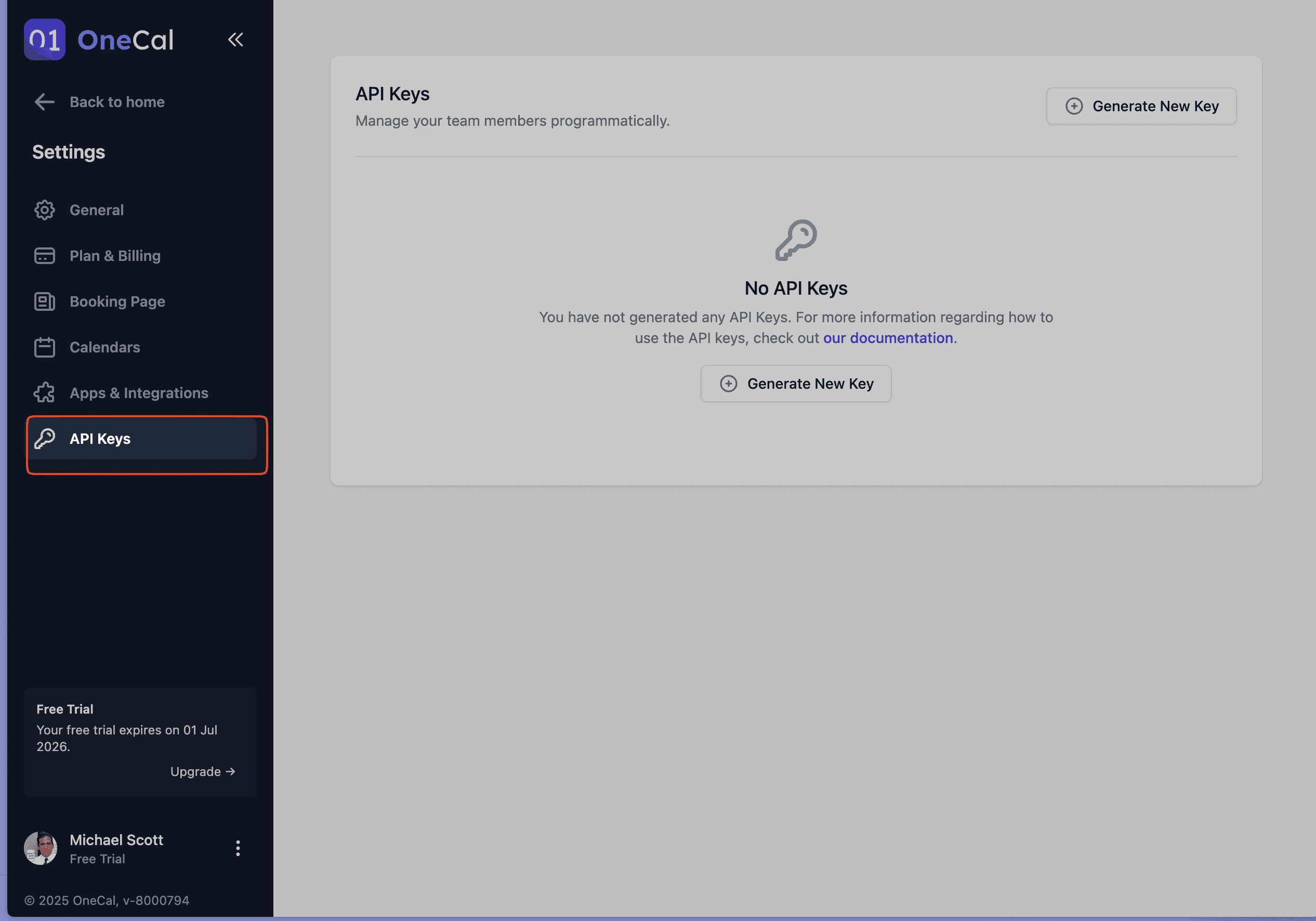 API Keys Page