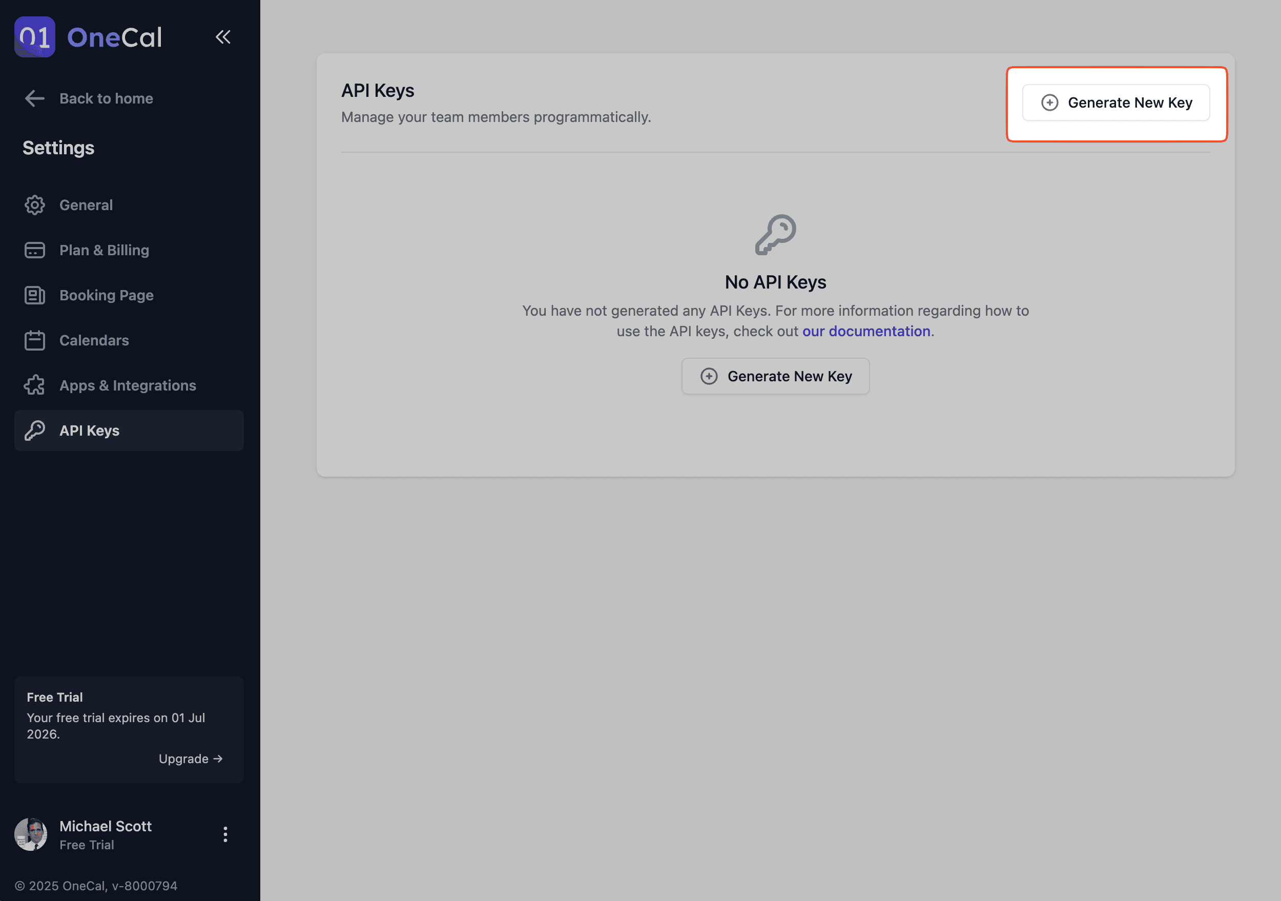 Generate New Key button