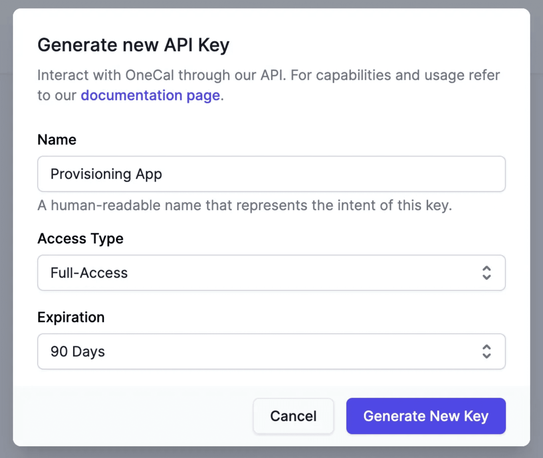 Generate New Key form